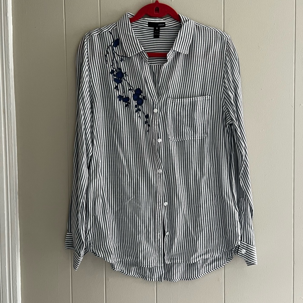 Aqua Large button up with embroidery
